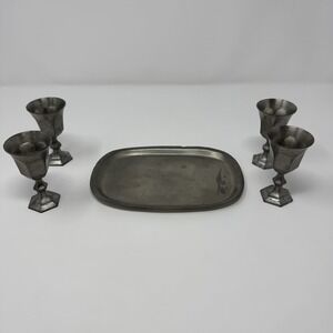 Lot of 4 Leonard Hand Cast Pewter Cups & 1 International Pewter Plate Vintage